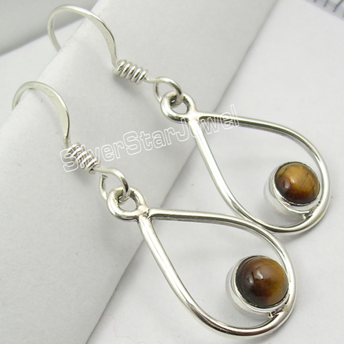 925 Sterling Silver Fabulous ROUND TIGER'S EYE LOVELY Earrings 