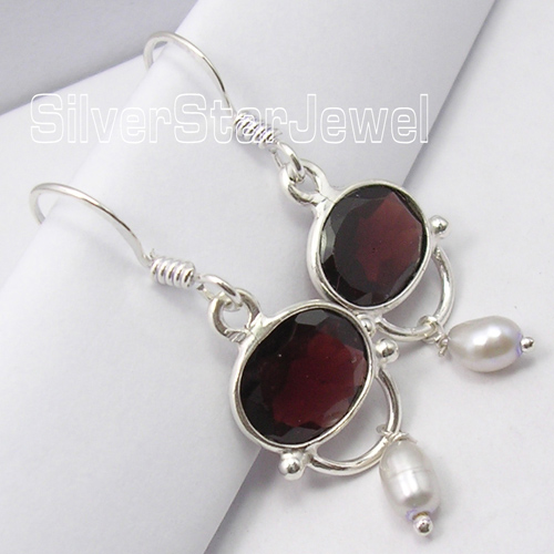 925 Pure Silver Genuine GARNET Stone, PEARL BEAD GIRLS' Earrings