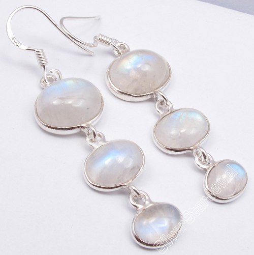 925 Pure Silver RAINBOW MOONSTONE 3 STONE Surprising STYLISH Earrings