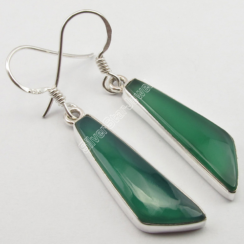 .925 Pure Silver Real GREEN ONYX EXTRA ORDINARY Flat Earrings