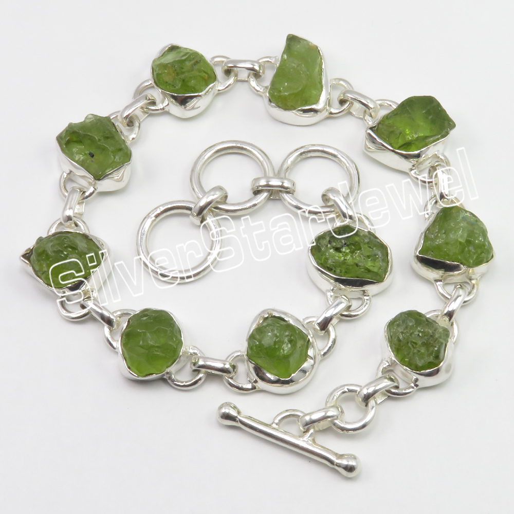 Sterling Silver Real Peridot Rough Stones Bracelet 8.5"