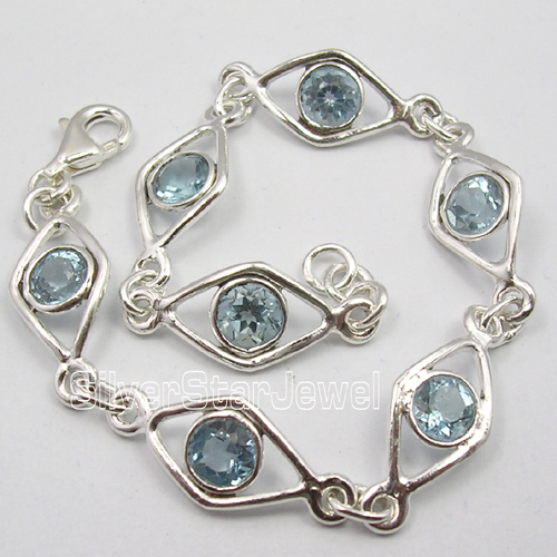 .925 Solid Silver FACETED BLUE TOPAZ HANDMADE Bracelet