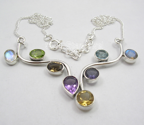 925 Solid Silver MULTICOLOR Genuine MULTISTONES Necklace