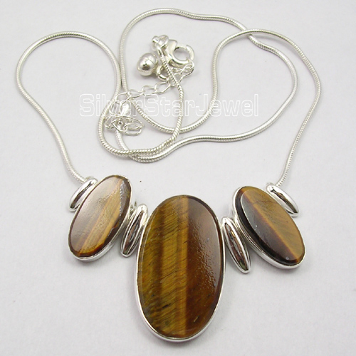 925 Solid Silver BROWN TIGER'S EYE 3 GEMS UNUSUAL Snake Chain Necklace