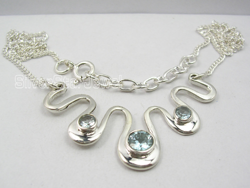 925 Sterling Silver Genuine Fiery Blue Topaz Art Chain Necklace