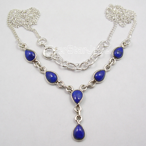 925 Sterling Silver Navy Blue Lapis Lazuli Drop Stones Elegant Necklace