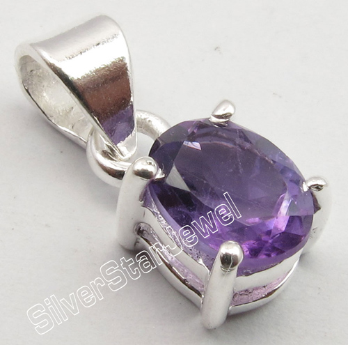 925 Solid Silver PURPLE AMETHYST 4 Prong UNISEX Pendant